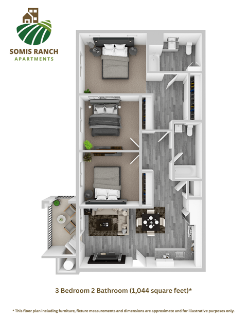 Floor plan for 3 beds, 2 baths, 1044 sqft